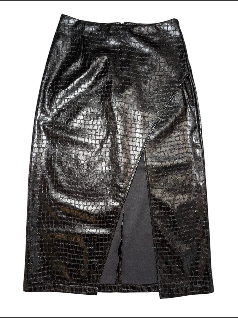 NA-KD Black Crocodile Textured Faux Leather Midi Skirt Front Split EU 34 US 4